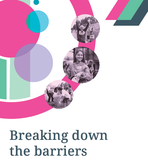 front cover of a report titled breaking down the barriers. image includes three photos of charity work and colourful abstract shapes including circles