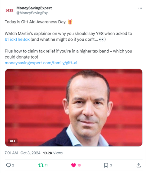 Image shows a tweet from MoneySavingExpert that includes the face of Martin Lewis in a video