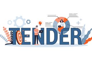 the illustration shows the word tender spelled out. People work alongside the word and various images symbolise targets and data
